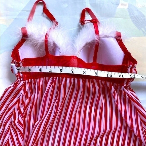 Inner Secrets Red White Stripe Feather Trim Babydoll Nightie Lingerie Sz S - Picture 10 of 12